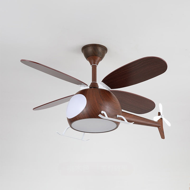 Contemporary Creative Kids Airplane-Shaped Wooden Iron Acrylic LED Downrods Ceiling Fan Light For Bedroom Cuvalon