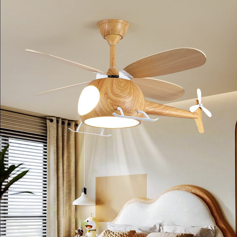 Contemporary Creative Kids Airplane-Shaped Wooden Iron Acrylic LED Downrods Ceiling Fan Light For Bedroom Cuvalon