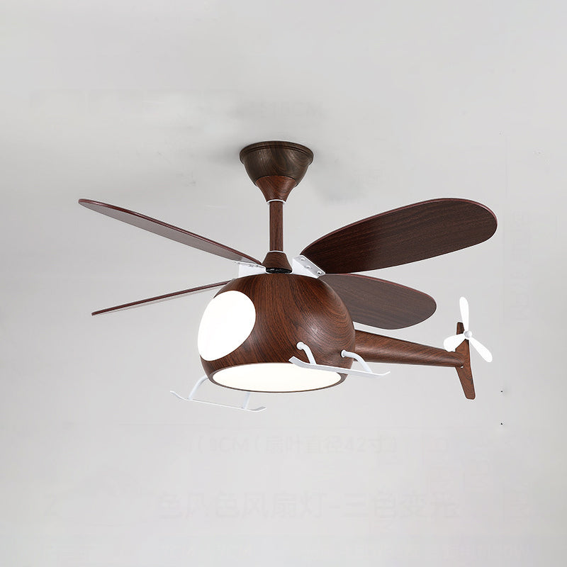 Contemporary Creative Kids Airplane-Shaped Wooden Iron Acrylic LED Downrods Ceiling Fan Light For Bedroom Cuvalon