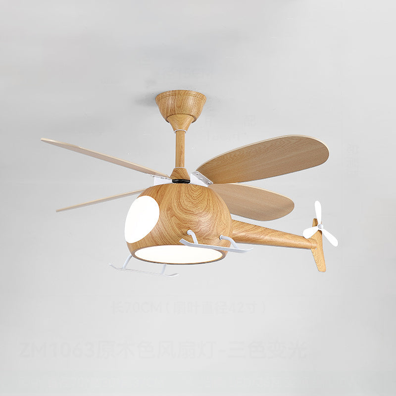 Contemporary Creative Kids Airplane-Shaped Wooden Iron Acrylic LED Downrods Ceiling Fan Light For Bedroom Cuvalon