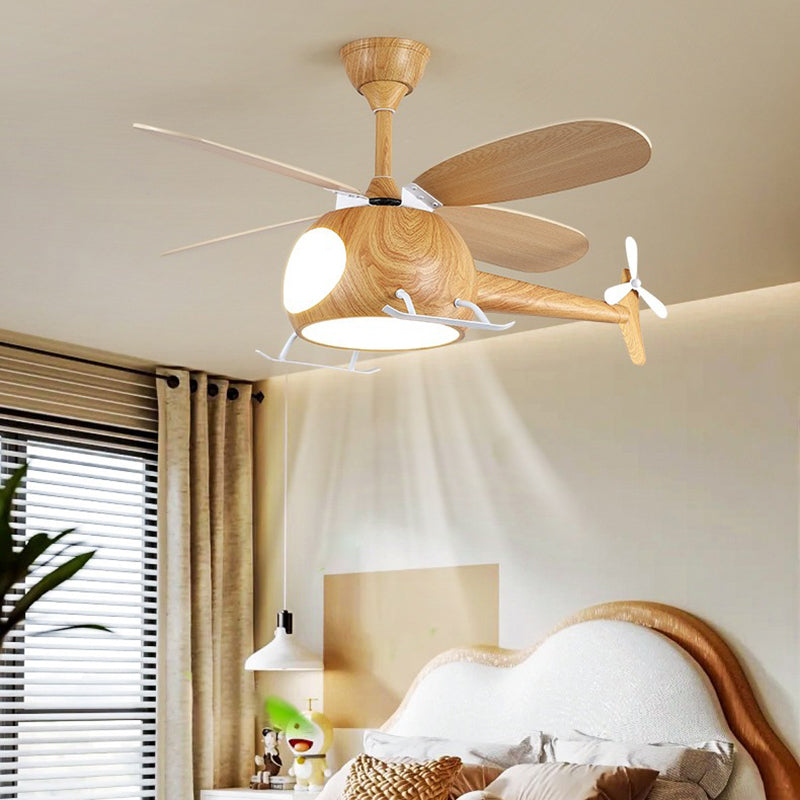 Contemporary Creative Kids Airplane-Shaped Wooden Iron Acrylic LED Downrods Ceiling Fan Light For Bedroom Cuvalon