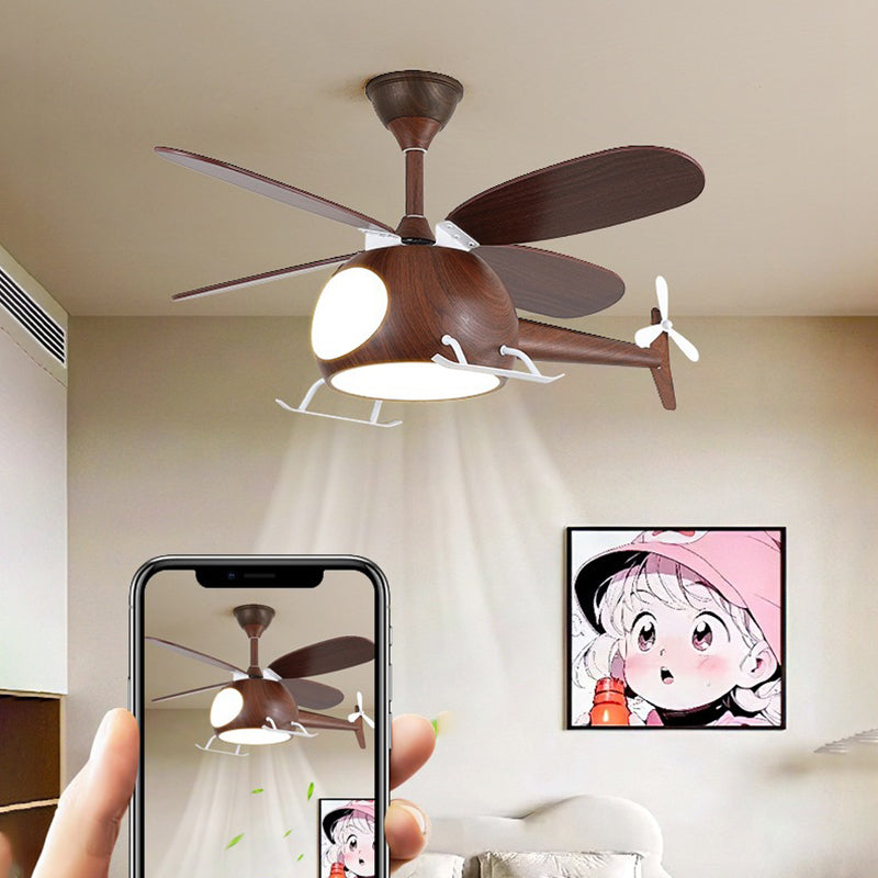 Contemporary Creative Kids Airplane-Shaped Wooden Iron Acrylic LED Downrods Ceiling Fan Light For Bedroom Cuvalon