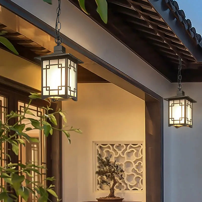Traditional Chinese Dome Waterproof Square Cube Aluminum Iron Glass 1 - Light Pendant Light For Outdoor Patio Cuvalon