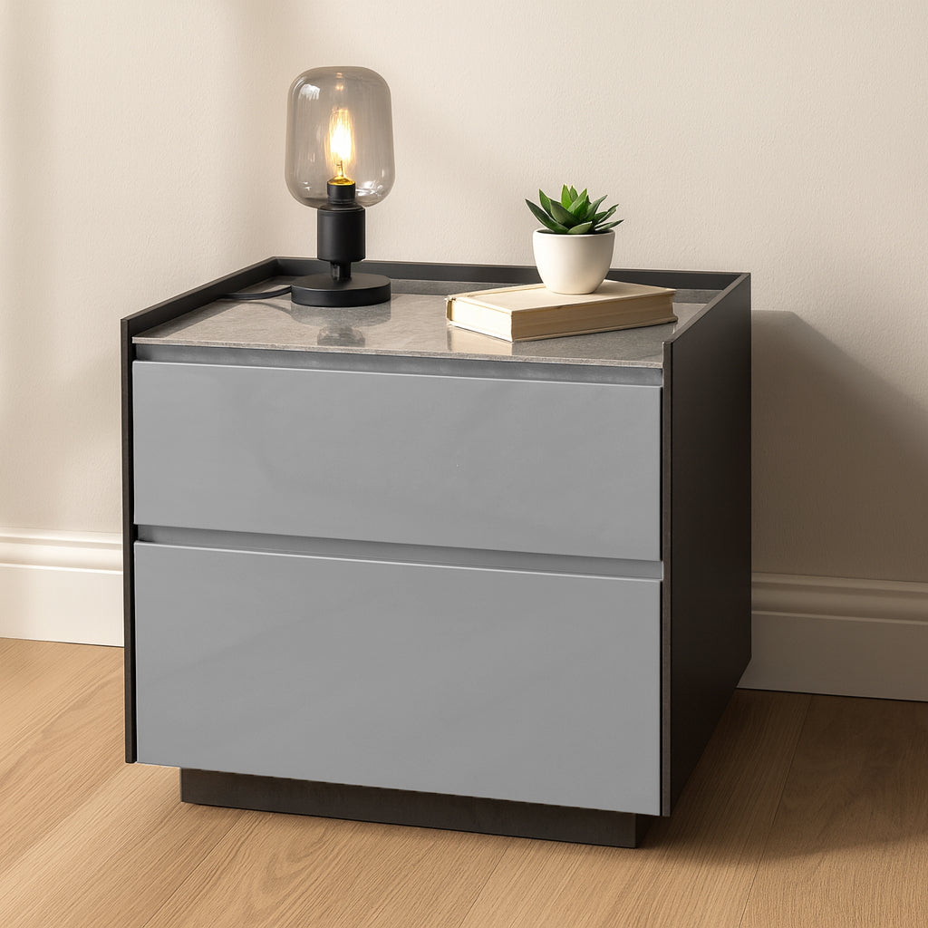 Modern Minimalist Plywood Nightstand With Sintered Stone Top - 2-Drawer Bedside Table For Bedroom Cuvalon