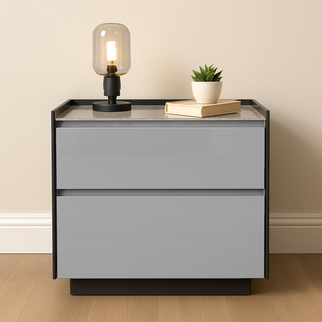 Modern Minimalist Plywood Nightstand With Sintered Stone Top - 2-Drawer Bedside Table For Bedroom Cuvalon