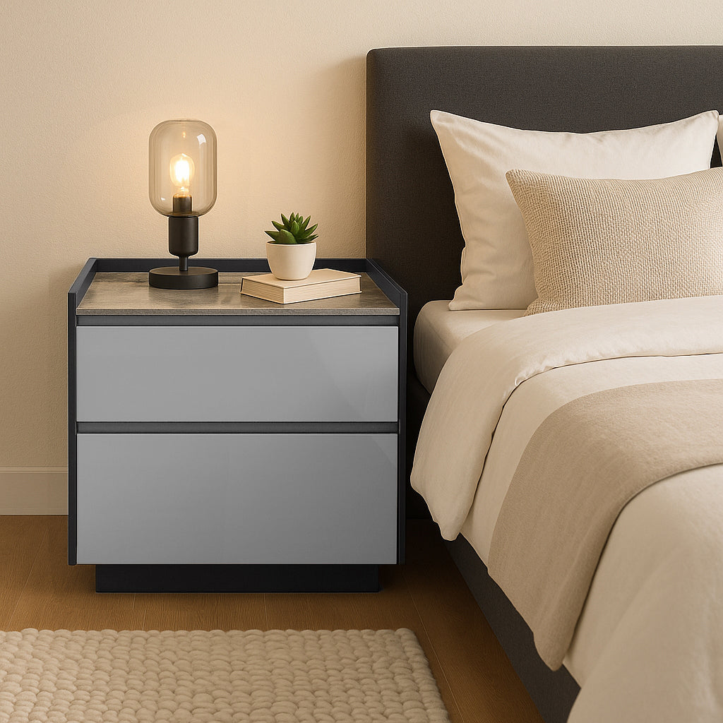 Modern Minimalist Plywood Nightstand With Sintered Stone Top - 2-Drawer Bedside Table For Bedroom Cuvalon