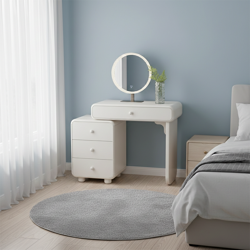Cream Style Vanity Desk With Expandable Drawer Cabinet - Modern Minimalist MDF Particle Board Bedroom Makeup Vanity With 4 Drawers Cuvalon