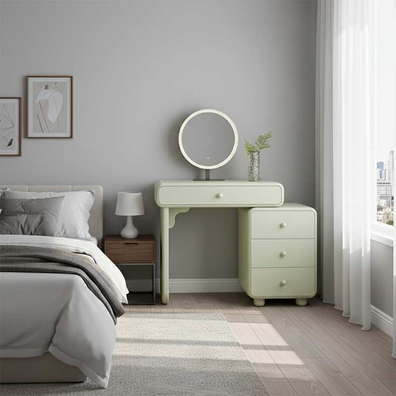 Cream Style Vanity Desk With Expandable Drawer Cabinet - Modern Minimalist MDF Particle Board Bedroom Makeup Vanity With 4 Drawers Cuvalon