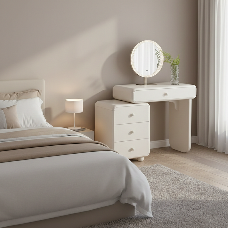 Cream Style Vanity Desk With Expandable Drawer Cabinet - Modern Minimalist MDF Particle Board Bedroom Makeup Vanity With 4 Drawers Cuvalon