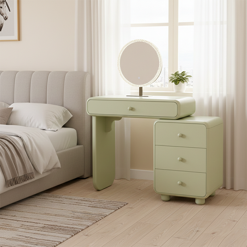 Cream Style Vanity Desk With Expandable Drawer Cabinet - Modern Minimalist MDF Particle Board Bedroom Makeup Vanity With 4 Drawers Cuvalon