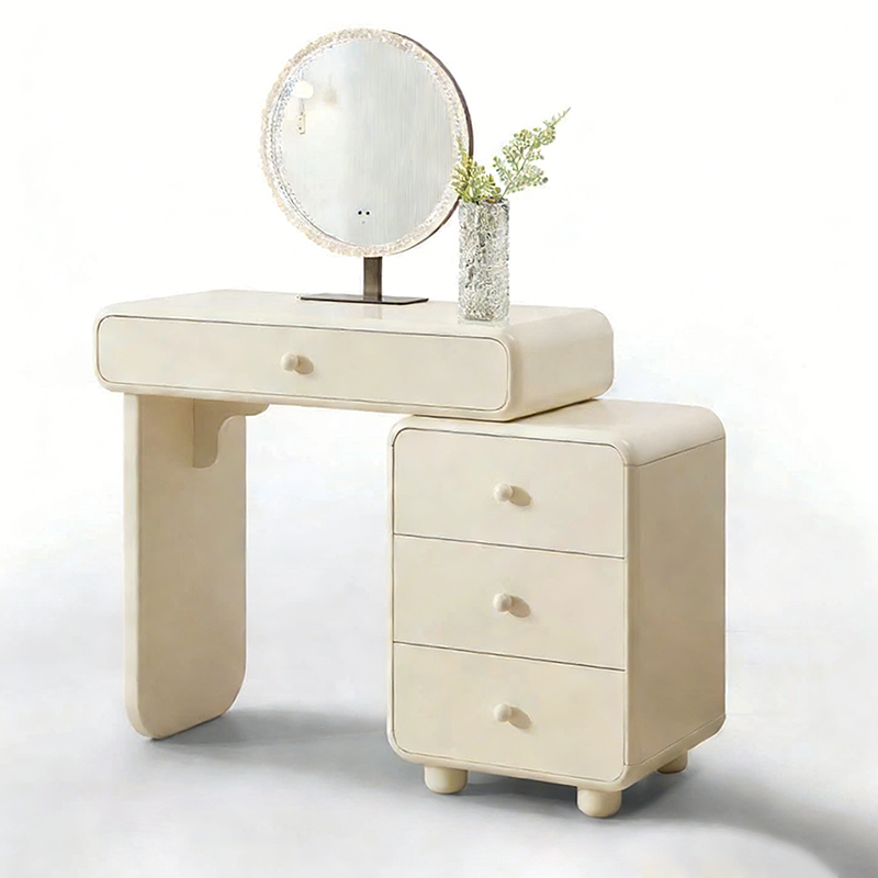 Cream Style Vanity Desk With Expandable Drawer Cabinet - Modern Minimalist MDF Particle Board Bedroom Makeup Vanity With 4 Drawers Cuvalon