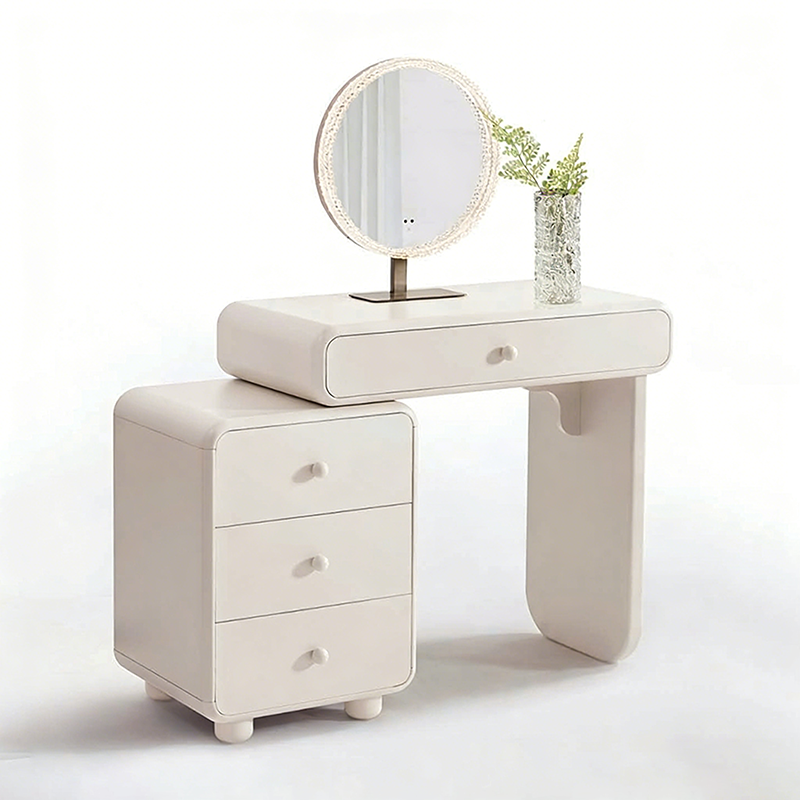 Cream Style Vanity Desk With Expandable Drawer Cabinet - Modern Minimalist MDF Particle Board Bedroom Makeup Vanity With 4 Drawers Cuvalon