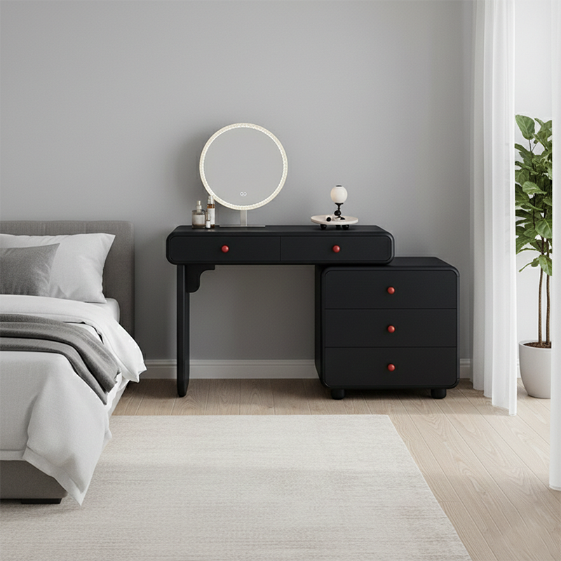 Modern Minimalist Vanity Desk With Expandable Drawer Cabinet - MDF & Solid Particle Board Makeup Vanity With 5 Drawer For Bedroom Cuvalon