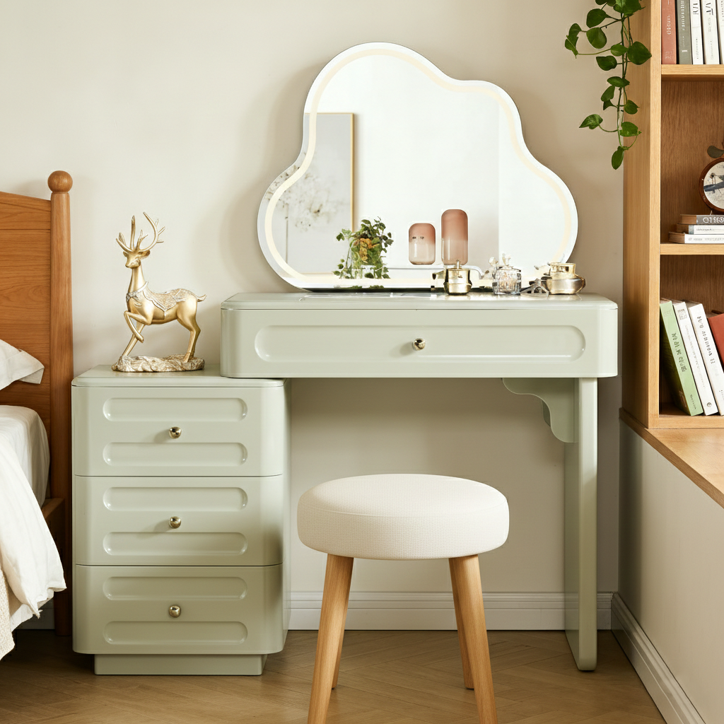 Expandable Modern Vanity Desk With 3-Drawer Cabinet - MDF & Solid Particle Board Minimalist Makeup Vanity With Storage For Bedroom Cuvalon