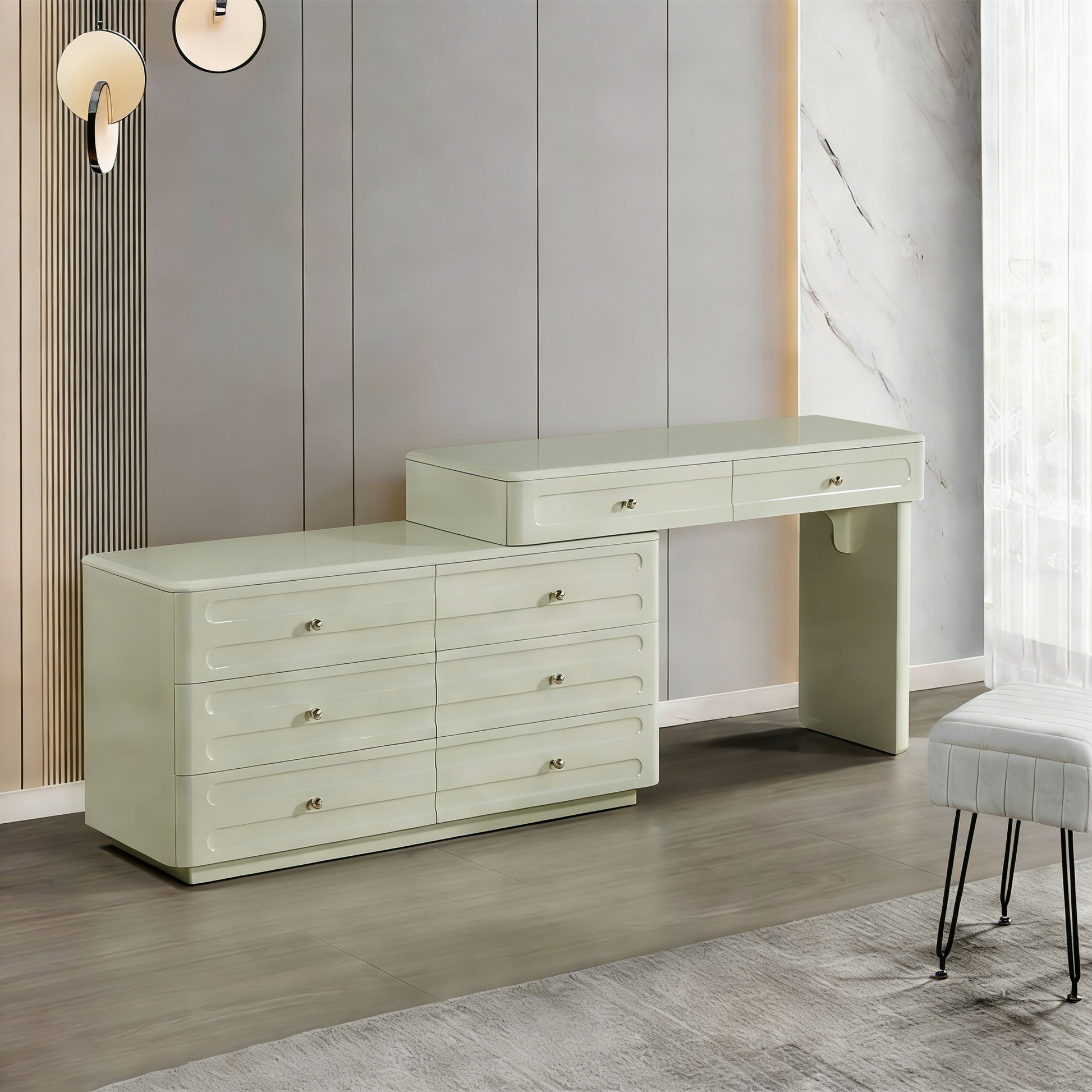 Space-Saving Expandable Dressing Table With Storage - Modern Minimalist MDF & Solid Particle Board Makeup Vanity With 8 Drawers For Bedroom Cuvalon