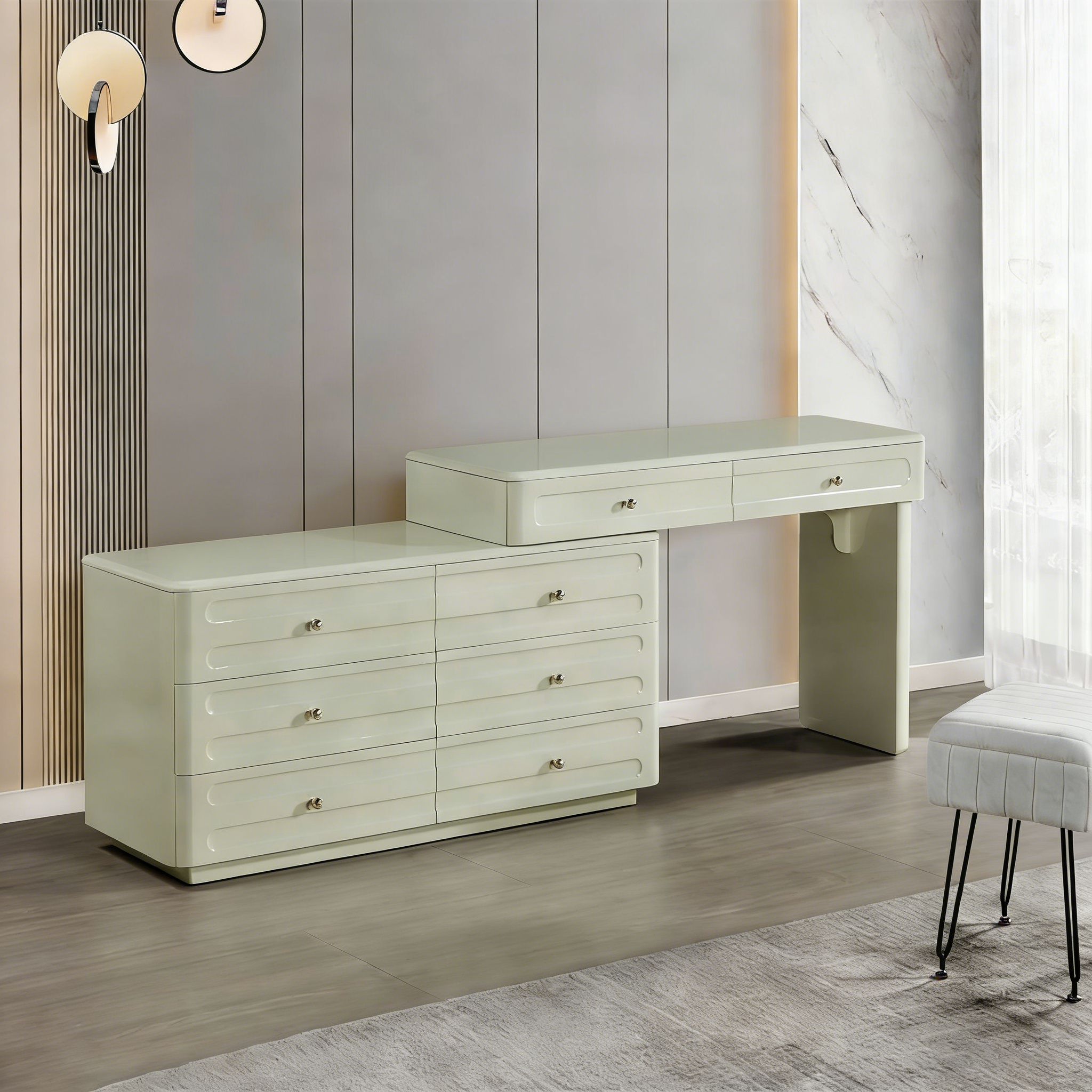 Space-Saving Expandable Dressing Table With Storage - Modern Minimalist MDF & Solid Particle Board Makeup Vanity With 8 Drawers For Bedroom Cuvalon