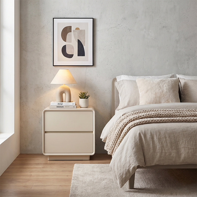 Modern Minimalist MDF Cream White Nightstand 2-Drawer - Rounded Edge Bedside Storage Cabinet With Hidden Handle For Bedroom Cuvalon