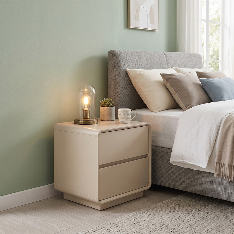 Modern Minimalist MDF Cream White Nightstand 2-Drawer - Rounded Edge Bedside Storage Cabinet With Hidden Handle For Bedroom Cuvalon