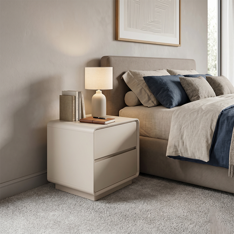 Modern Minimalist MDF Cream White Nightstand 2-Drawer - Rounded Edge Bedside Storage Cabinet With Hidden Handle For Bedroom Cuvalon