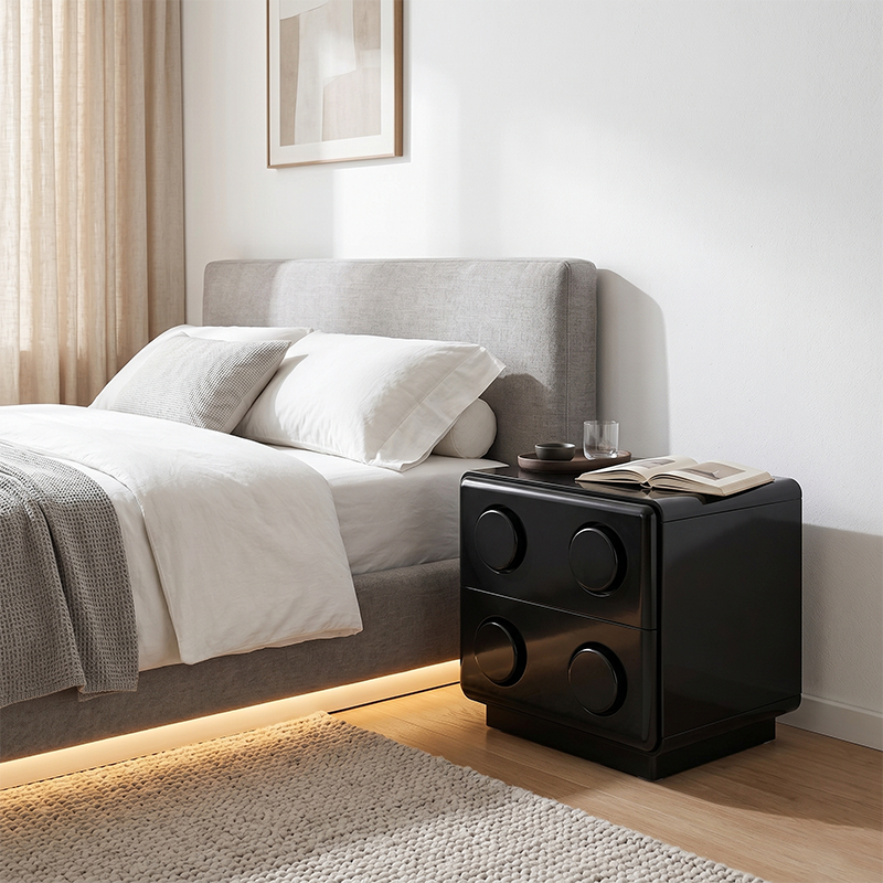 Contemporary Creative MDF Nightstand - Block-Inspired 2-Drawer Bedside Storage Cabinet With Rounded Edges & Built-in Knob Handles For Bedroom Cuvalon