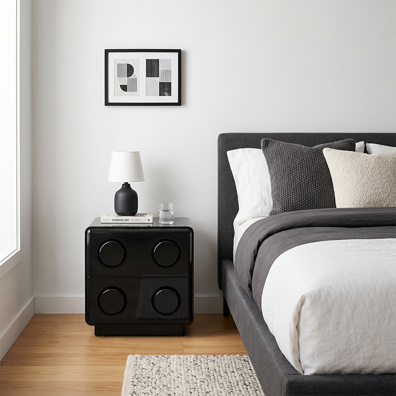 Contemporary Creative MDF Nightstand - Block-Inspired 2-Drawer Bedside Storage Cabinet With Rounded Edges & Built-in Knob Handles For Bedroom Cuvalon