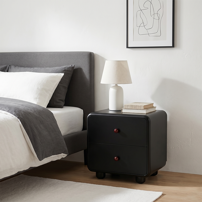 Modern Minimalist MDF Cream Style Nightstand With Dual Round Handles - 2 Drawers Bedside Table With Rounded Corners Storage Cabinet For Bedroom Cuvalon