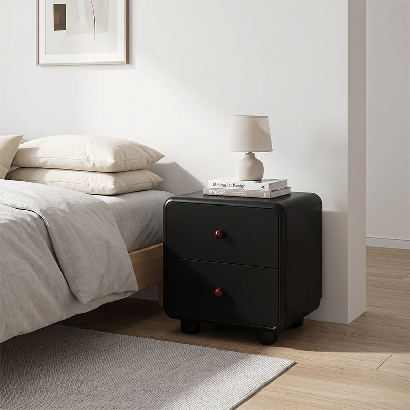 Modern Minimalist MDF Cream Style Nightstand With Dual Round Handles - 2 Drawers Bedside Table With Rounded Corners Storage Cabinet For Bedroom Cuvalon