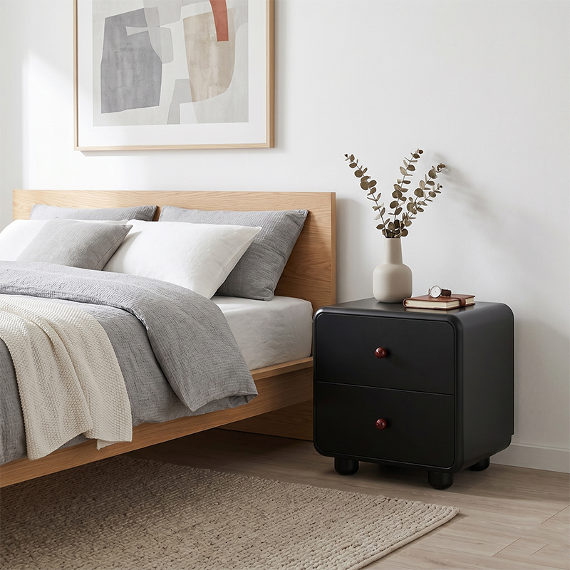 Modern Minimalist MDF Cream Style Nightstand With Dual Round Handles - 2 Drawers Bedside Table With Rounded Corners Storage Cabinet For Bedroom Cuvalon