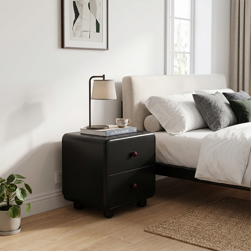 Modern Minimalist MDF Cream Style Nightstand With Dual Round Handles - 2 Drawers Bedside Table With Rounded Corners Storage Cabinet For Bedroom Cuvalon