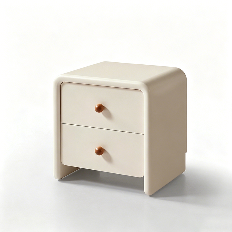 Modern Minimalist MDF Cream Nightstand - 2 Drawers Bedside Table With Rounded Corners & Open Base Storage Cabinet For Bedroom Cuvalon