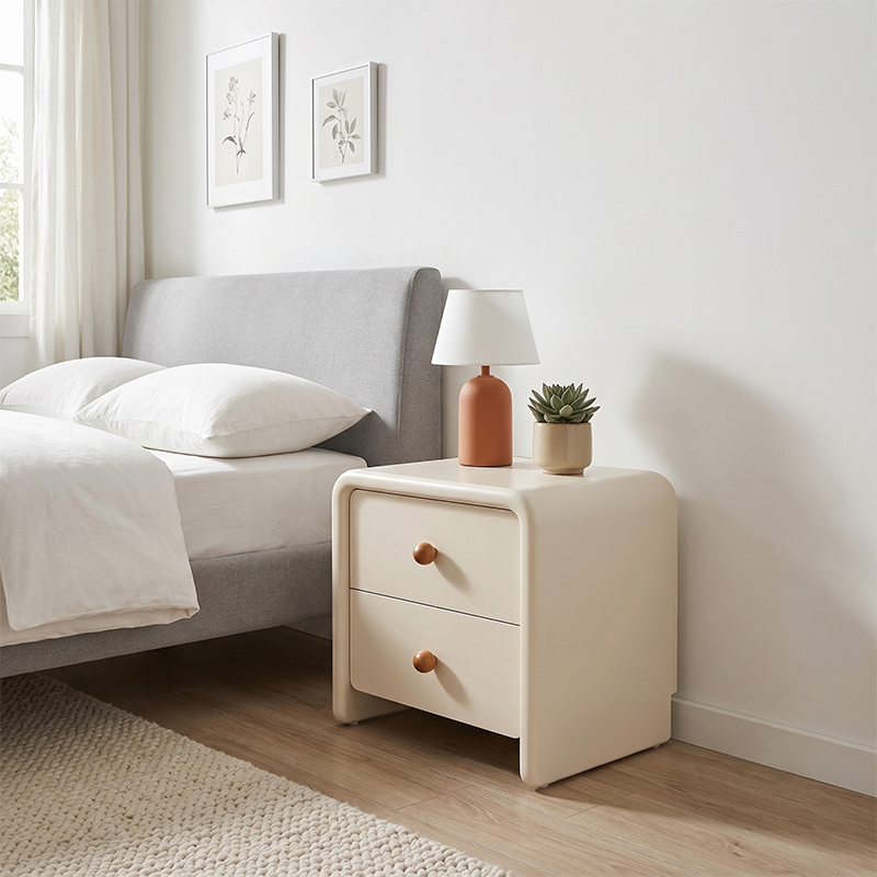 Modern Minimalist MDF Cream Nightstand - 2 Drawers Bedside Table With Rounded Corners & Open Base Storage Cabinet For Bedroom Cuvalon