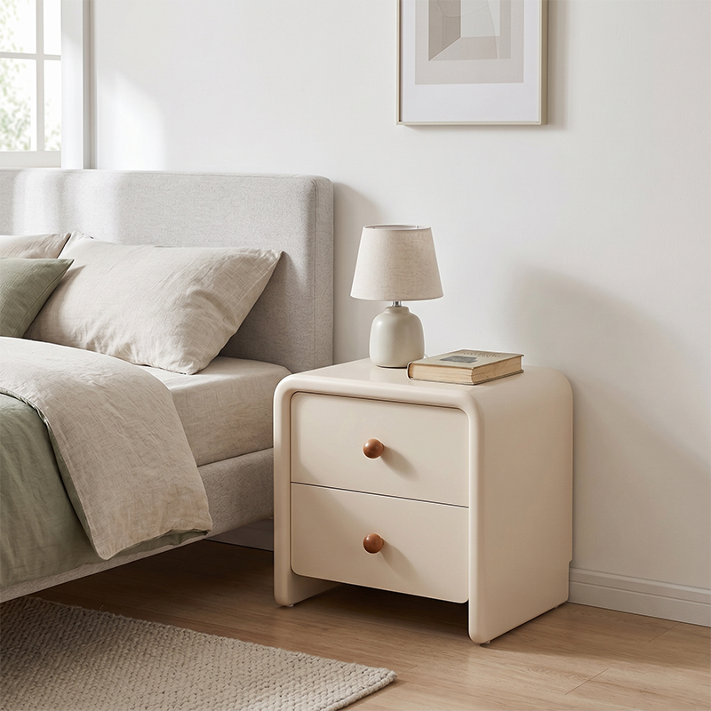 Modern Minimalist MDF Cream Nightstand - 2 Drawers Bedside Table With Rounded Corners & Open Base Storage Cabinet For Bedroom Cuvalon