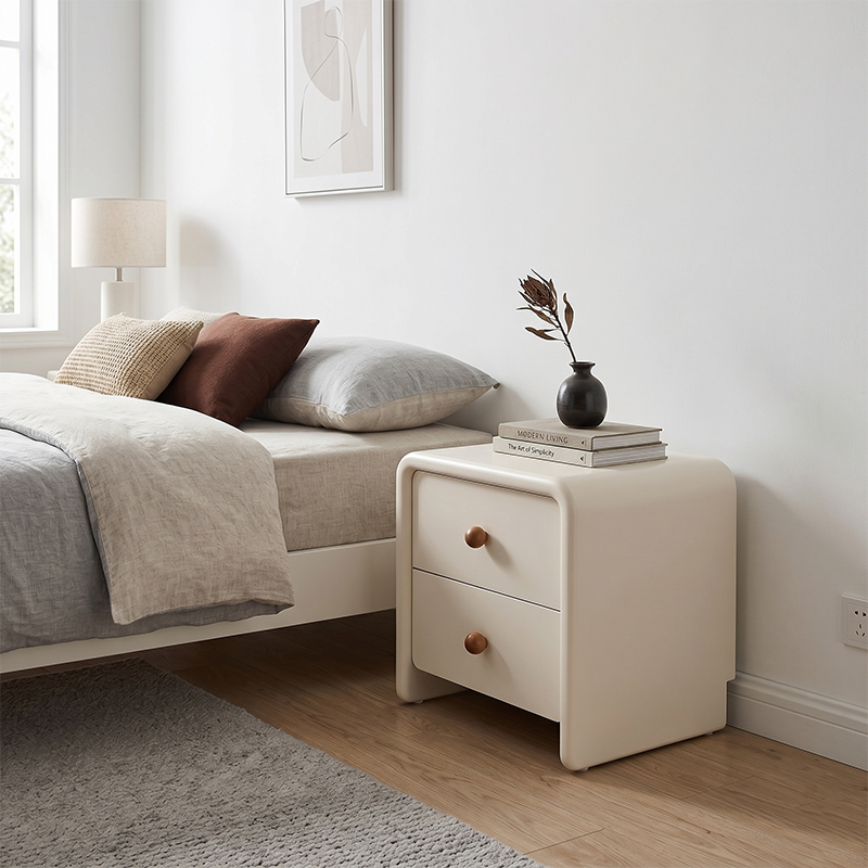 Modern Minimalist MDF Cream Nightstand - 2 Drawers Bedside Table With Rounded Corners & Open Base Storage Cabinet For Bedroom Cuvalon