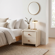 Modern Minimalist MDF Cream Nightstand - 2 Drawers Bedside Table With Rounded Corners & Open Base Storage Cabinet For Bedroom Cuvalon