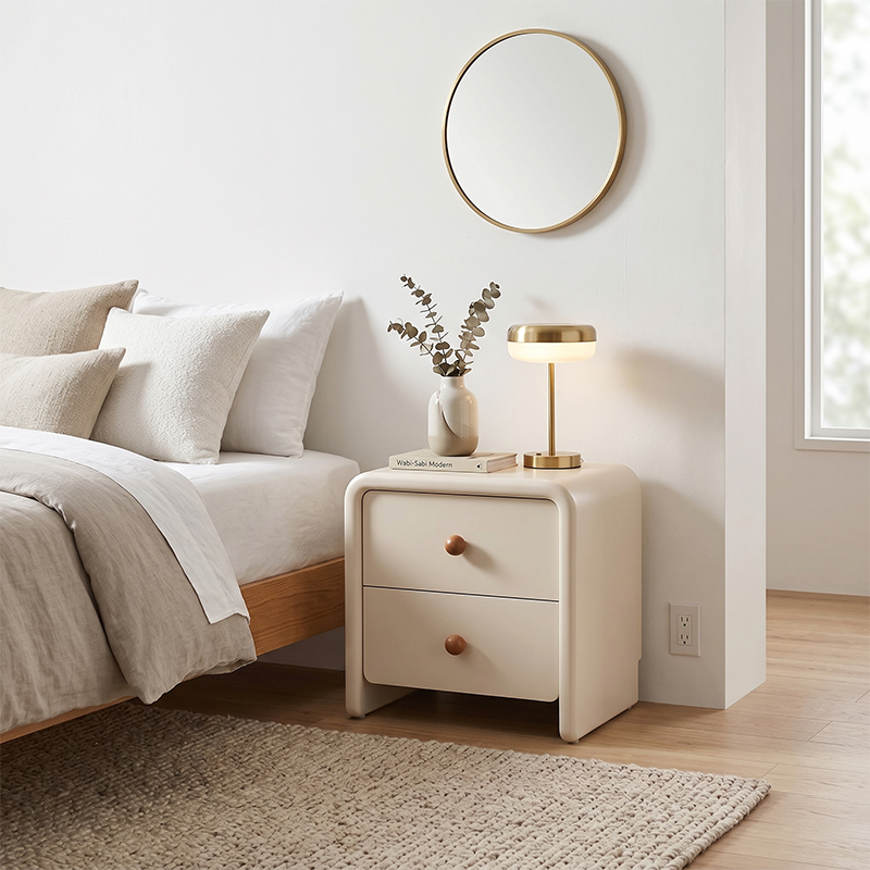 Modern Minimalist MDF Cream Nightstand - 2 Drawers Bedside Table With Rounded Corners & Open Base Storage Cabinet For Bedroom Cuvalon