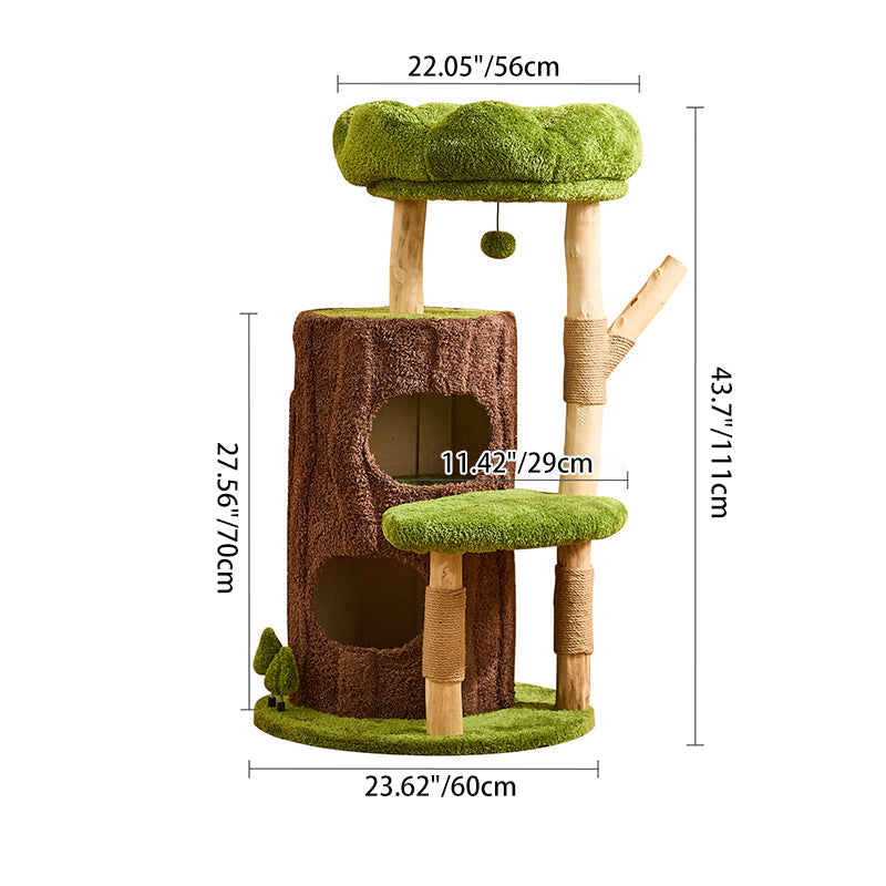 Contemporary Creative Round Particleboard Natural Fruitwood Velvet Fabric Sisal 2-Condo 2-Perch Cat Tree For Living Room Cuvalon