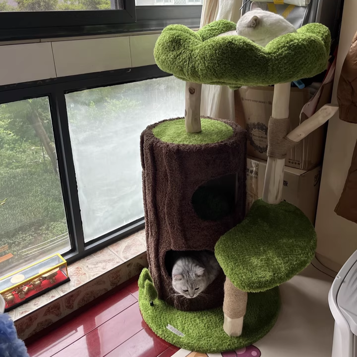 Contemporary Creative Round Particleboard Natural Fruitwood Velvet Fabric Sisal 2-Condo 2-Perch Cat Tree For Living Room Cuvalon