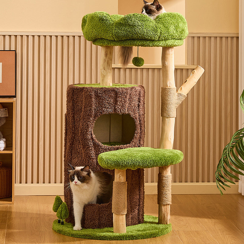 Contemporary Creative Round Particleboard Natural Fruitwood Velvet Fabric Sisal 2-Condo 2-Perch Cat Tree For Living Room Cuvalon