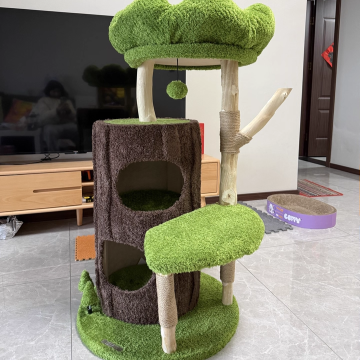 Contemporary Creative Round Particleboard Natural Fruitwood Velvet Fabric Sisal 2-Condo 2-Perch Cat Tree For Living Room Cuvalon
