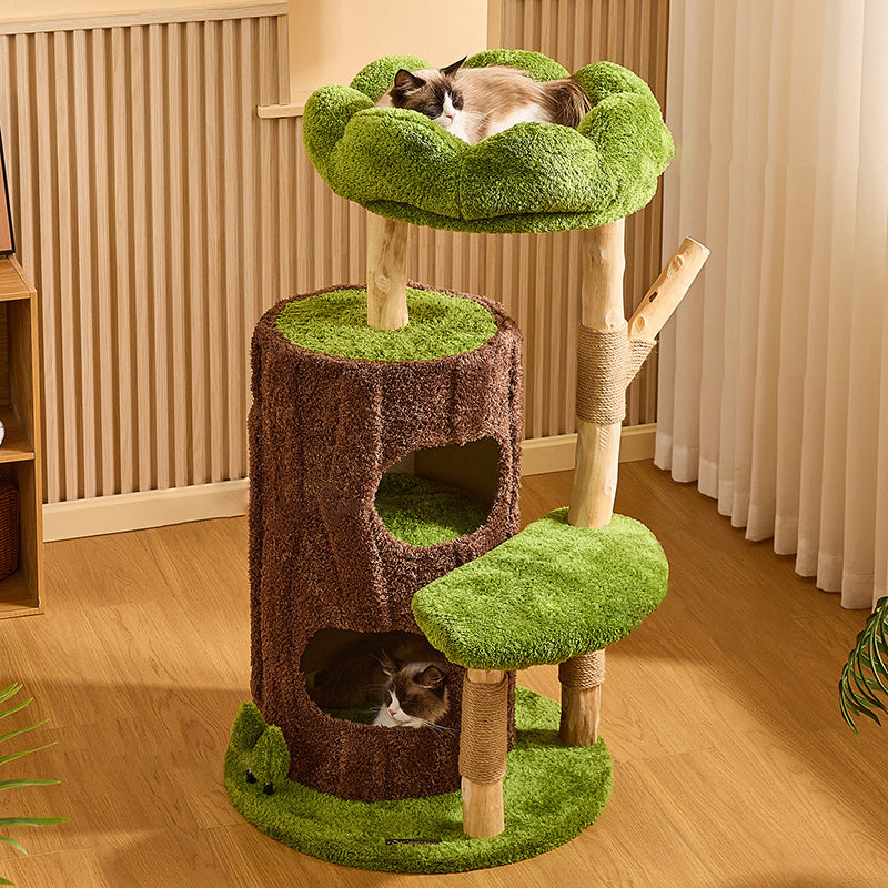 Contemporary Creative Round Particleboard Natural Fruitwood Velvet Fabric Sisal 2-Condo 2-Perch Cat Tree For Living Room Cuvalon