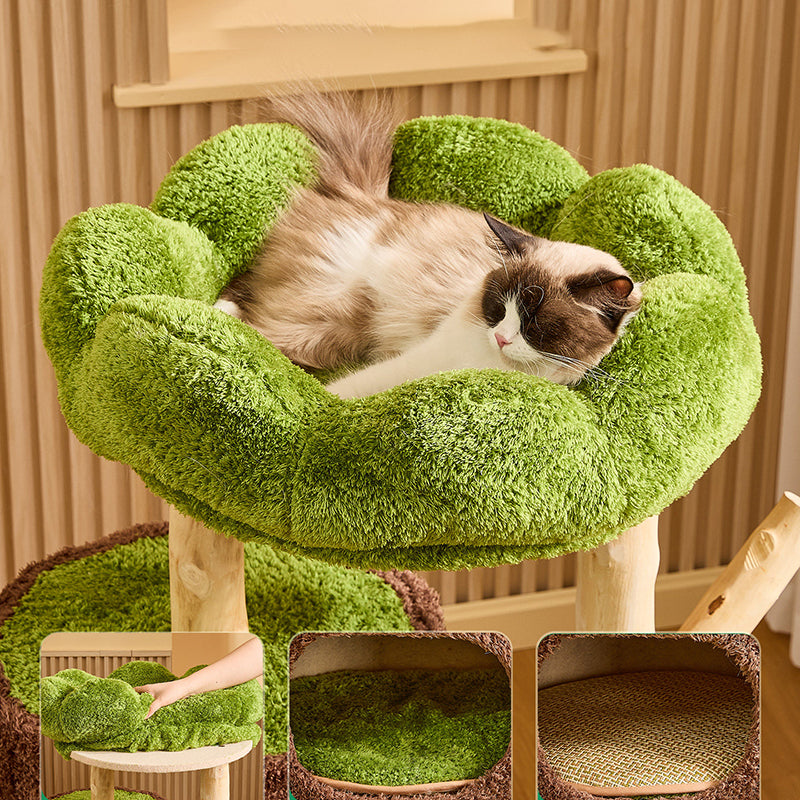 Contemporary Creative Round Particleboard Natural Fruitwood Velvet Fabric Sisal 2-Condo 2-Perch Cat Tree For Living Room Cuvalon