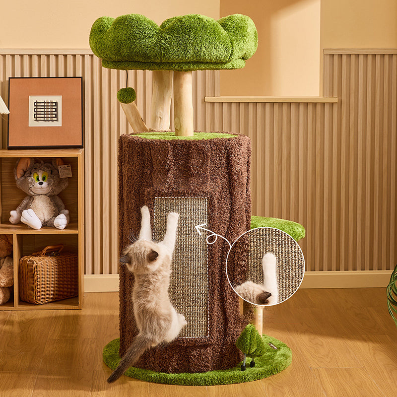 Contemporary Creative Round Particleboard Natural Fruitwood Velvet Fabric Sisal 2-Condo 2-Perch Cat Tree For Living Room Cuvalon