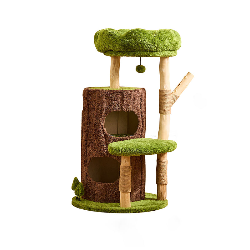 Contemporary Creative Round Particleboard Natural Fruitwood Velvet Fabric Sisal 2-Condo 2-Perch Cat Tree For Living Room Cuvalon