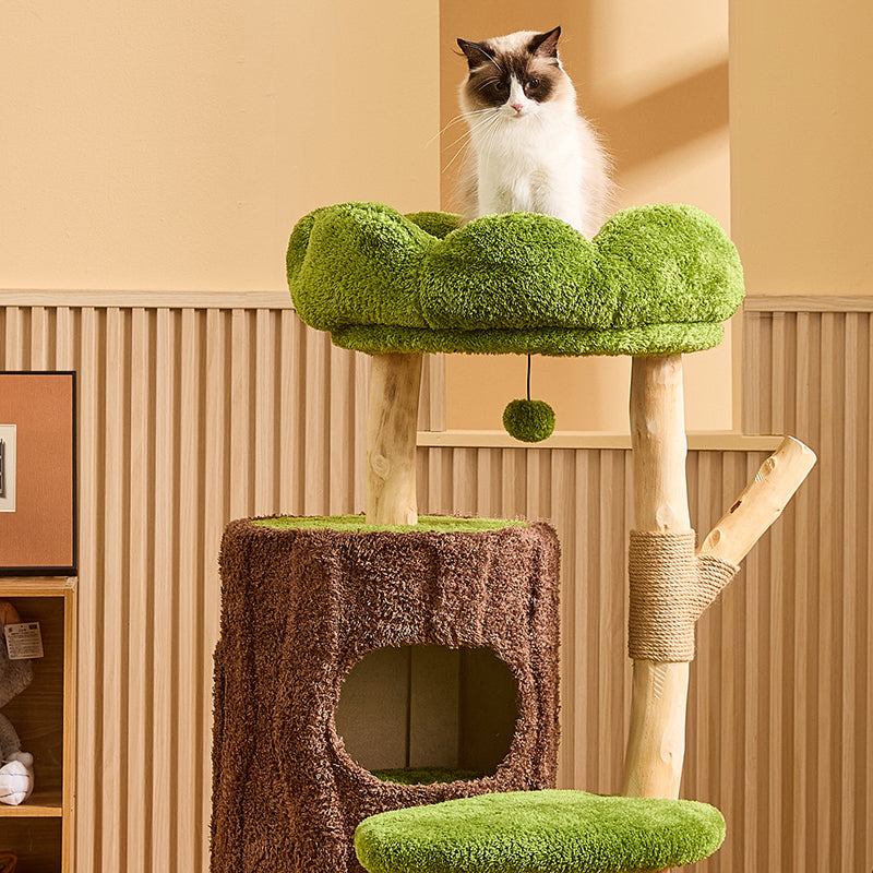 Contemporary Creative Round Particleboard Natural Fruitwood Velvet Fabric Sisal 2-Condo 2-Perch Cat Tree For Living Room Cuvalon