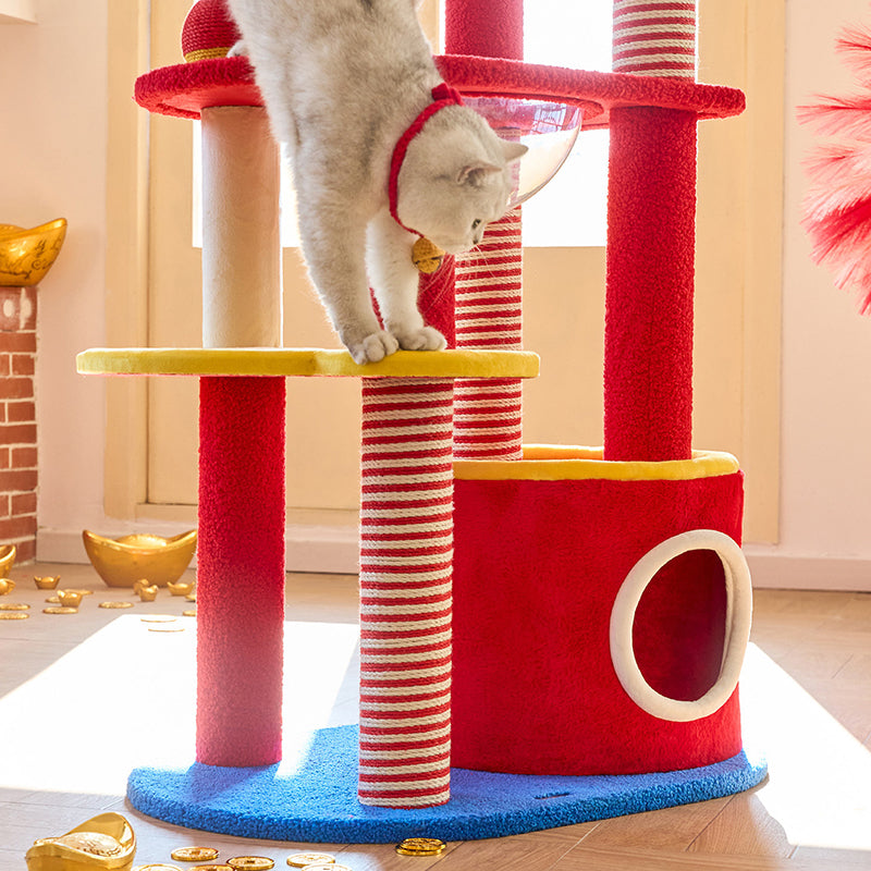 Contemporary Creative Round Medium-Density Fiberboard Velvet Fabric Hemp Rope 2-Condo 2-Perch Cat Tree For Living Room Cuvalon