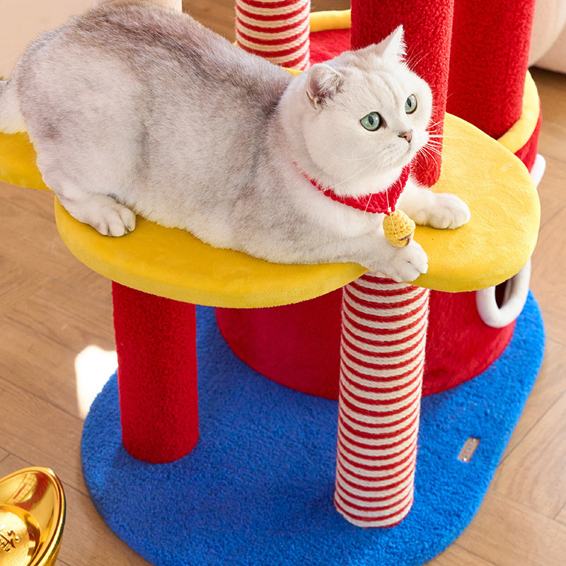 Contemporary Creative Round Medium-Density Fiberboard Velvet Fabric Hemp Rope 2-Condo 2-Perch Cat Tree For Living Room Cuvalon