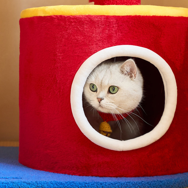 Contemporary Creative Round Medium-Density Fiberboard Velvet Fabric Hemp Rope 2-Condo 2-Perch Cat Tree For Living Room Cuvalon