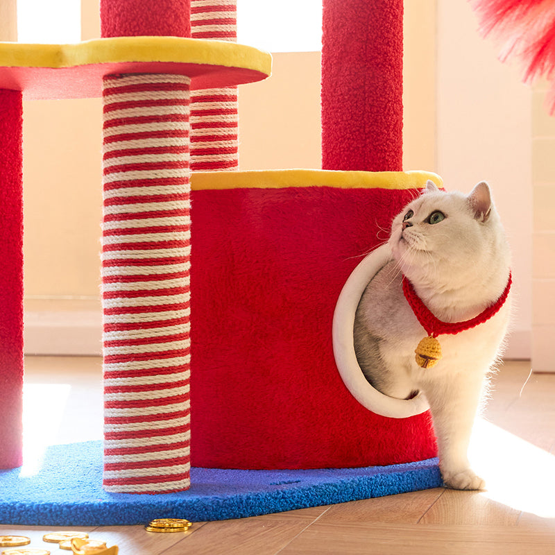 Contemporary Creative Round Medium-Density Fiberboard Velvet Fabric Hemp Rope 2-Condo 2-Perch Cat Tree For Living Room Cuvalon