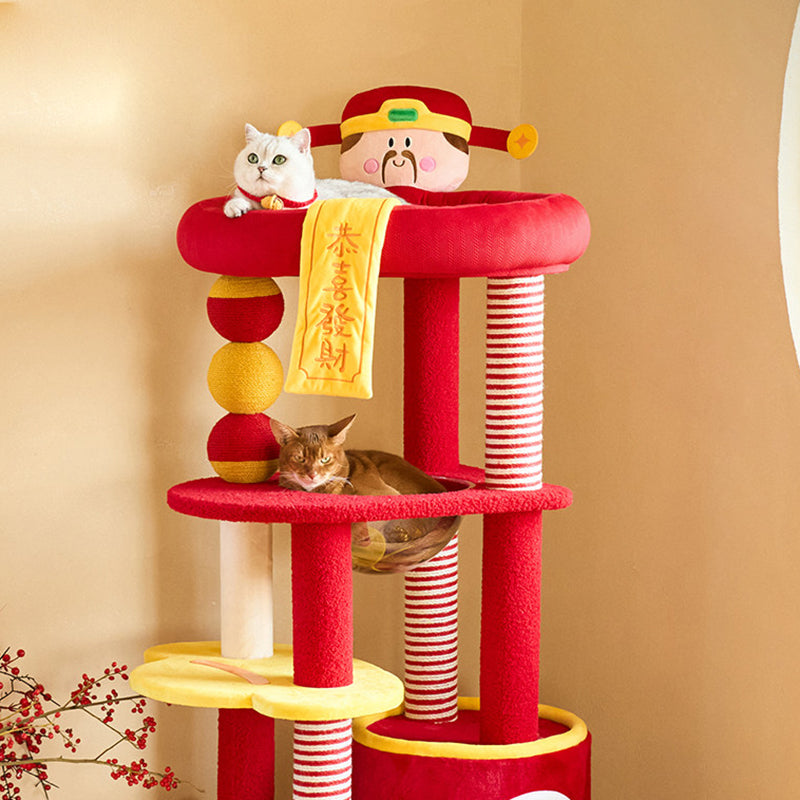 Contemporary Creative Round Medium-Density Fiberboard Velvet Fabric Hemp Rope 2-Condo 2-Perch Cat Tree For Living Room Cuvalon