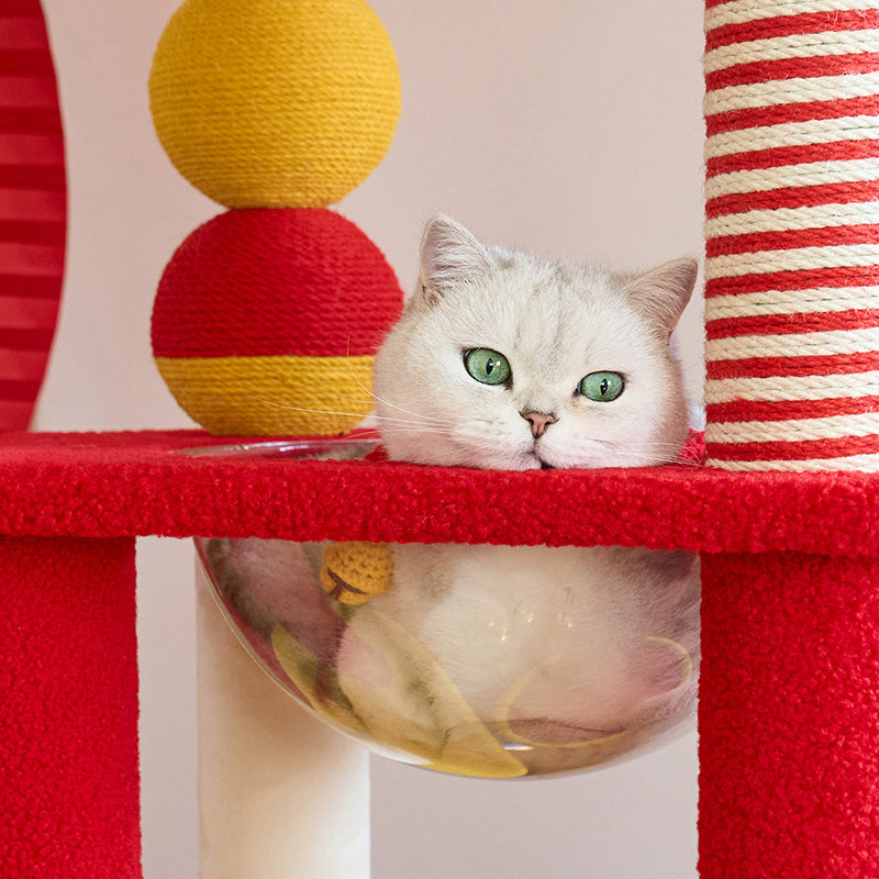 Contemporary Creative Round Medium-Density Fiberboard Velvet Fabric Hemp Rope 2-Condo 2-Perch Cat Tree For Living Room Cuvalon